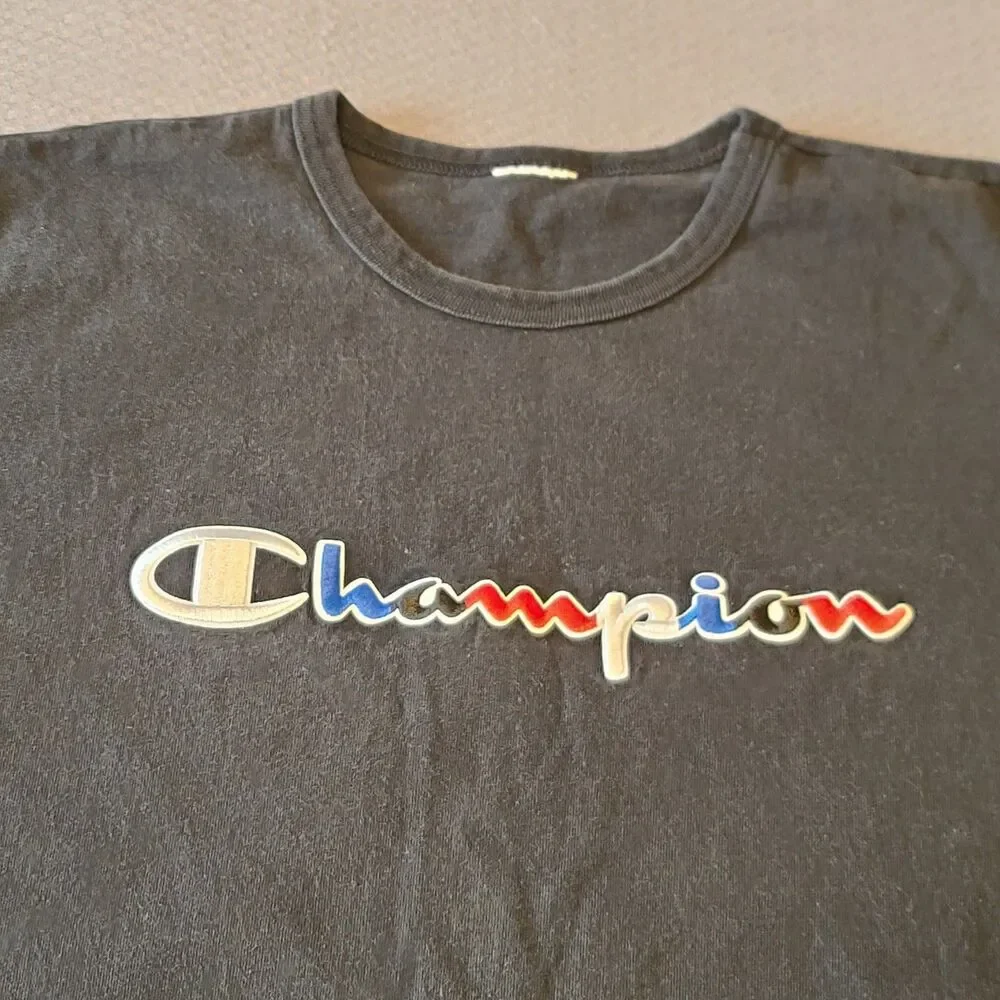Champion Black Multi Color Embroidered Logo Men's Large T Shirt No Tags - Picture 2 of 7